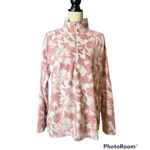 Eddie Bauer Women's Fleece Jacket in Pink and White Leaf Pattern, Size Large
